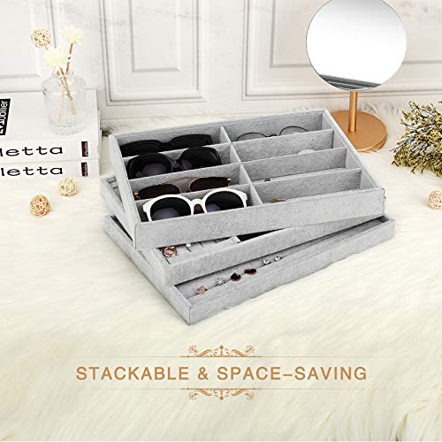 Emibele Glasses Organizer Jewelry Tray, 8 Grids Velvet Tray Watch Storage Stackable Jewelry Showcase Display Storage with Detachable Inner Dividers - Grey