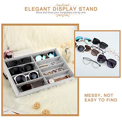 Emibele Glasses Organizer Jewelry Tray, 8 Grids Velvet Tray Watch Storage Stackable Jewelry Showcase Display Storage with Detachable Inner Dividers - Grey