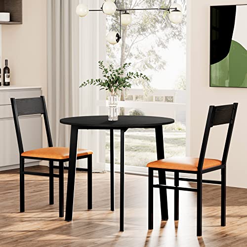 HOMOOI 3 Piece Dining Room Table Set for 2, Round Kitchen Table Dinette Sets with 2 Cushioned Chairs for Apartment, Small Space, Espresso and Brown