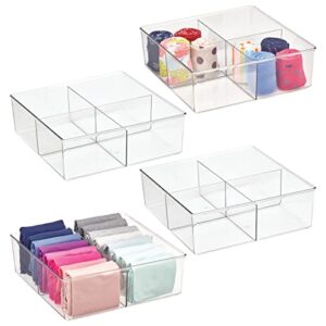mdesign plastic 4 compartment divided drawer and closet storage bin - organizer for scarves, socks, ties bras, and underwear - dress drawer organizer, shelf organization - 4 pack - clear