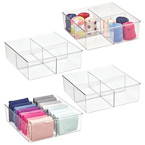 mDesign Plastic 4 Compartment Divided Drawer and Closet Storage Bin - Organizer for Scarves, Socks, Ties Bras, and Underwear - Dress Drawer Organizer, Shelf Organization - 4 Pack - Clear