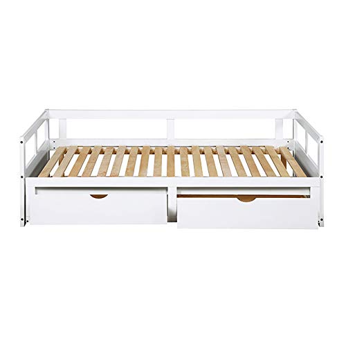 Daybed with Trundle and Drawers, Twin to King Design Sofa Bed,Wooden Extendable Bed Daybed for Bedroom Living Room, White