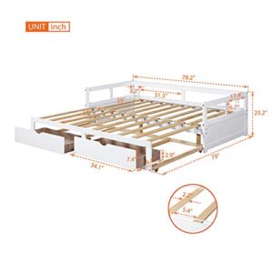 Daybed with Trundle and Drawers, Twin to King Design Sofa Bed,Wooden Extendable Bed Daybed for Bedroom Living Room, White