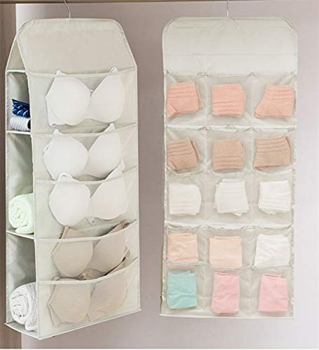 LCXEGO Dual Side Closet Hanging Organizer,3 Shelf Hanging Closet Organizer with Rotating Hanger and Mesh Pocket Bra Underwear Socks Towel Handbag Storage Oxford Bags (3+5+15Pockets,Light Grey)