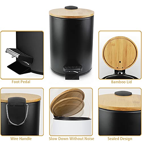 Round Mini Trash Can with Lid and Foot Pedal Soft Close 0.8 Gallon/3 Liter Garbage Container Bin with Removable Inner Wastebasket for Bathroom, Bedroom, Kitchen, Office (Black)