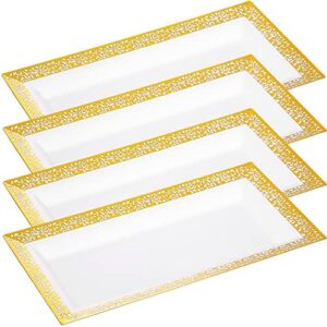 disposable serving trays and platters set, pack of 4 - 7.5 x 14 inches white plastic rectangular tray with gold lace rim - decorative plastic dessert trays for dessert table, parties, weddings