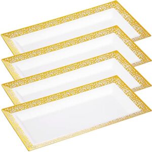 Disposable Serving Trays and Platters Set, Pack of 4 - 7.5 x 14 Inches White Plastic Rectangular Tray with Gold Lace Rim - Decorative Plastic Dessert Trays for Dessert Table, Parties, Weddings