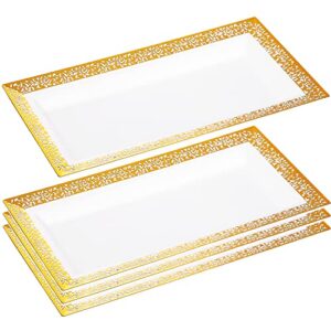 Disposable Serving Trays and Platters Set, Pack of 4 - 7.5 x 14 Inches White Plastic Rectangular Tray with Gold Lace Rim - Decorative Plastic Dessert Trays for Dessert Table, Parties, Weddings