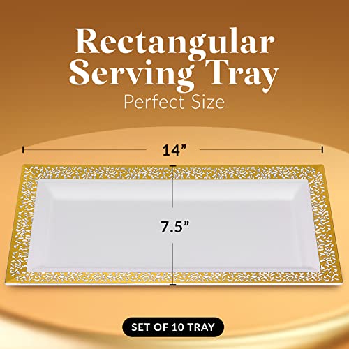 Disposable Serving Trays and Platters Set, Pack of 4 - 7.5 x 14 Inches White Plastic Rectangular Tray with Gold Lace Rim - Decorative Plastic Dessert Trays for Dessert Table, Parties, Weddings