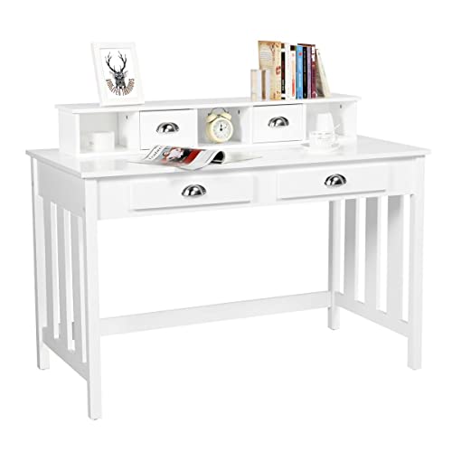 Yaheetech 41.7'' Computer Workstations Writing Desk with Drawer Storage, Homework Table with Removable Hutch, Desktop Table with Drawers, Mother's Day Presents, White