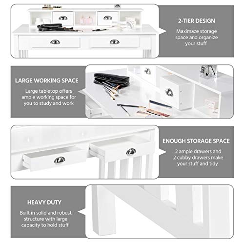 Yaheetech 41.7'' Computer Workstations Writing Desk with Drawer Storage, Homework Table with Removable Hutch, Desktop Table with Drawers, Mother's Day Presents, White