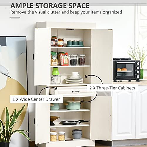 HOMCOM 71" Freestanding Kitchen Pantry with 4 Doors, and 2 Large Cabinets, Tall Storage Cabinet with Wide Drawer for Kitchen Dining Room, White