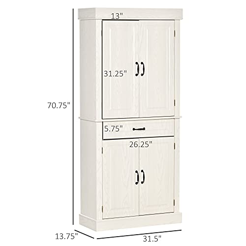 HOMCOM 71" Freestanding Kitchen Pantry with 4 Doors, and 2 Large Cabinets, Tall Storage Cabinet with Wide Drawer for Kitchen Dining Room, White