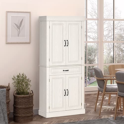 HOMCOM 71" Freestanding Kitchen Pantry with 4 Doors, and 2 Large Cabinets, Tall Storage Cabinet with Wide Drawer for Kitchen Dining Room, White