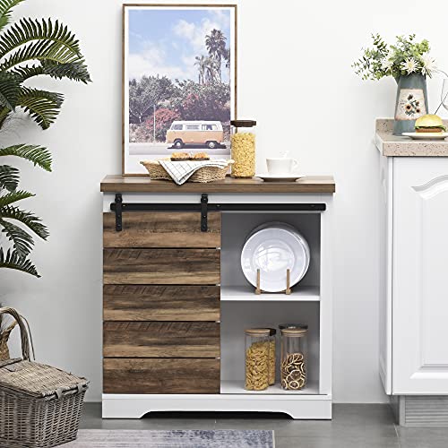 HOMCOM Farmhouse Sideboard Buffet Cabinet, Sliding Barn Door Style Accent Cabinet, Kitchen Cabinet with Interior Shelves, White/Brown