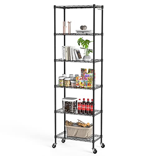 NATRKE 6-Tier Storage Shelf Wire Shelving Unit, Adjustable Heavy Duty Storage Shelves for Kitchen Organization, with Leveling Feet and Lockable Wheels, Black (21.26 Lx12 Wx69 H)