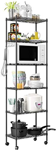 NATRKE 6-Tier Storage Shelf Wire Shelving Unit, Adjustable Heavy Duty Storage Shelves for Kitchen Organization, with Leveling Feet and Lockable Wheels, Black (21.26 Lx12 Wx69 H)