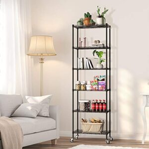 NATRKE 6-Tier Storage Shelf Wire Shelving Unit, Adjustable Heavy Duty Storage Shelves for Kitchen Organization, with Leveling Feet and Lockable Wheels, Black (21.26 Lx12 Wx69 H)