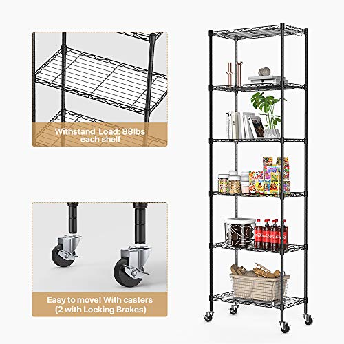 NATRKE 6-Tier Storage Shelf Wire Shelving Unit, Adjustable Heavy Duty Storage Shelves for Kitchen Organization, with Leveling Feet and Lockable Wheels, Black (21.26 Lx12 Wx69 H)