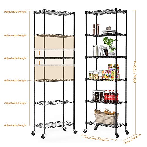 NATRKE 6-Tier Storage Shelf Wire Shelving Unit, Adjustable Heavy Duty Storage Shelves for Kitchen Organization, with Leveling Feet and Lockable Wheels, Black (21.26 Lx12 Wx69 H)