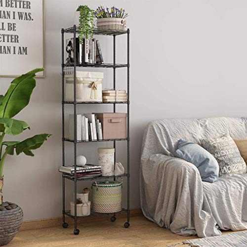 NATRKE 6-Tier Storage Shelf Wire Shelving Unit, Adjustable Heavy Duty Storage Shelves for Kitchen Organization, with Leveling Feet and Lockable Wheels, Black (21.26 Lx12 Wx69 H)