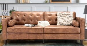 esright 84.2”mid-century sofa couch,tufted synthetic suede fabric modern couch with 2 bolster pillows, sofas couches for living room,apartment,dorm & office,saddle brown