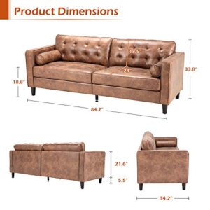 Esright 84.2”Mid-Century Sofa Couch,Tufted Synthetic Suede Fabric Modern Couch with 2 Bolster Pillows, Sofas Couches for Living Room,Apartment,Dorm & Office,Saddle Brown