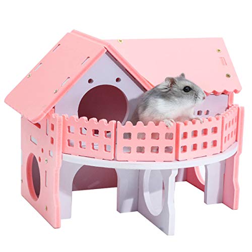 Wooden Hamster House - Pet Small Animal Hideout, Assemble Hamster Hut Villa, Cage Habitat Decor Accessories, Play Toys for Dwarf, Hedgehog, Syrian Hamster, Gerbils Mice