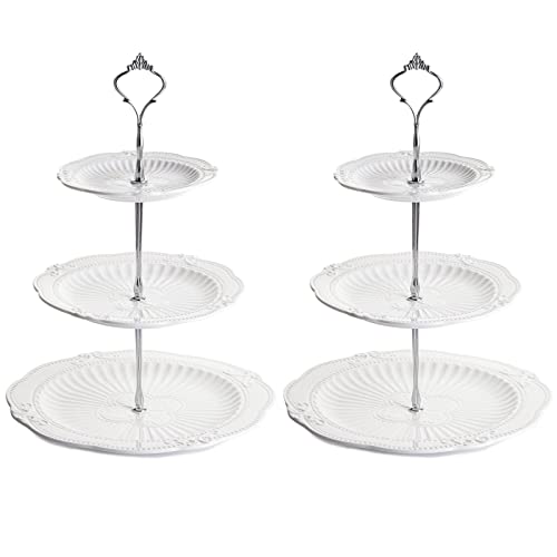 Bekith 2 Pack 3-Tier Porcelain Cupcake Stand, White Elegant Tiered Dessert Stand, Cakes Fruits Candy Pastry Buffet Serving Tray Platter for Tea Party Wedding Baby Shower Home Birthday