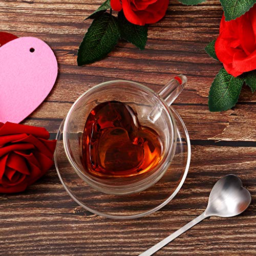 Heart Shaped Double Walled Glass Insulated Coffee Mug Clear Tea Cup 180 ml, 6 Oz Cappuccino Cup with Saucer and Heart Shaped Coffee Spoons for Valentine's Day Anniversary Party Supplies