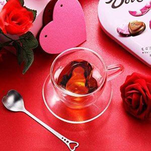 Heart Shaped Double Walled Glass Insulated Coffee Mug Clear Tea Cup 180 ml, 6 Oz Cappuccino Cup with Saucer and Heart Shaped Coffee Spoons for Valentine's Day Anniversary Party Supplies