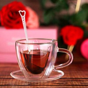 Heart Shaped Double Walled Glass Insulated Coffee Mug Clear Tea Cup 180 ml, 6 Oz Cappuccino Cup with Saucer and Heart Shaped Coffee Spoons for Valentine's Day Anniversary Party Supplies