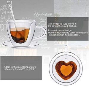 Heart Shaped Double Walled Glass Insulated Coffee Mug Clear Tea Cup 180 ml, 6 Oz Cappuccino Cup with Saucer and Heart Shaped Coffee Spoons for Valentine's Day Anniversary Party Supplies