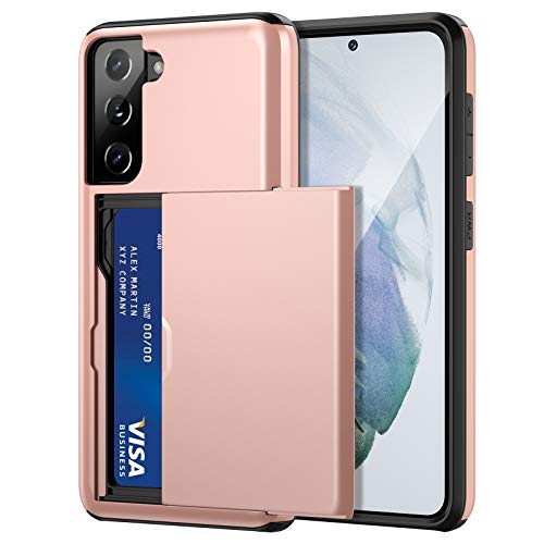 Jiunai for Samsung S21 Case, Galaxy S21 Case Credit Card IDs Cash Holder Shell Wallet Case Slide Cover Dual Layer Hard PC Rubber Cover Phone Case for Samsung Galaxy S21 5G 6.2'' 2021 Rose Gold