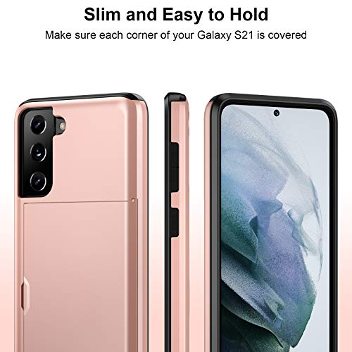 Jiunai for Samsung S21 Case, Galaxy S21 Case Credit Card IDs Cash Holder Shell Wallet Case Slide Cover Dual Layer Hard PC Rubber Cover Phone Case for Samsung Galaxy S21 5G 6.2'' 2021 Rose Gold