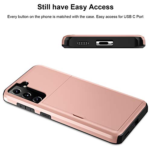 Jiunai for Samsung S21 Case, Galaxy S21 Case Credit Card IDs Cash Holder Shell Wallet Case Slide Cover Dual Layer Hard PC Rubber Cover Phone Case for Samsung Galaxy S21 5G 6.2'' 2021 Rose Gold