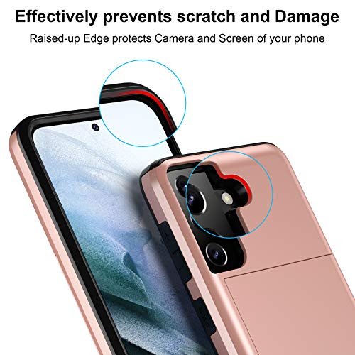 Jiunai for Samsung S21 Case, Galaxy S21 Case Credit Card IDs Cash Holder Shell Wallet Case Slide Cover Dual Layer Hard PC Rubber Cover Phone Case for Samsung Galaxy S21 5G 6.2'' 2021 Rose Gold