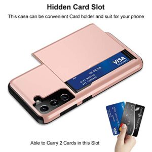 Jiunai for Samsung S21 Case, Galaxy S21 Case Credit Card IDs Cash Holder Shell Wallet Case Slide Cover Dual Layer Hard PC Rubber Cover Phone Case for Samsung Galaxy S21 5G 6.2'' 2021 Rose Gold