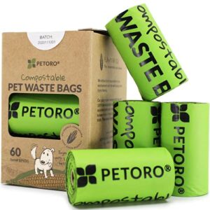 petoro compostable dog poop bags, corn based pet waste bags, eco-friendly, bpi-approved, plant-based, unscented, durable, leak proof, extra large, standard size, 60 count
