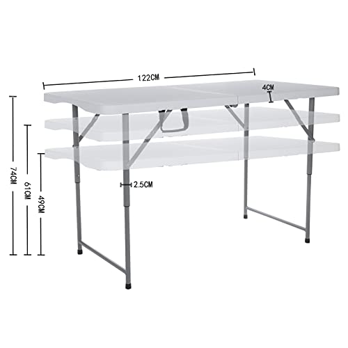 Lakhow 122CZ Folding Tables Camping Table 4FT Adjustable Height（ 49/61/74CM） Portable Dining Table Party,Height Adjustable Craft Camping and Utility Folding Table,White Granite