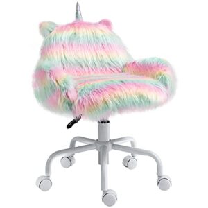 homcom fluffy unicorn office chair with mid-back and armrest support, 5 star swivel wheel white base, rainbow