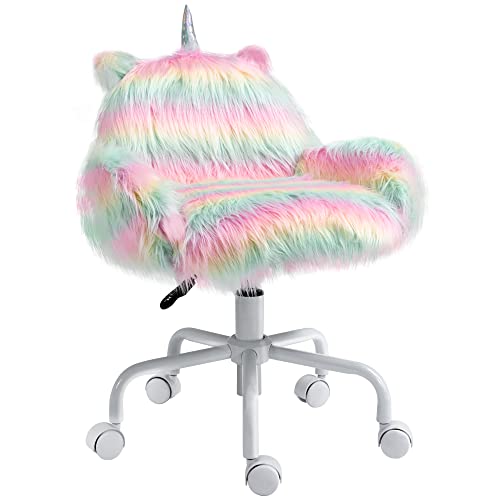 HOMCOM Fluffy Unicorn Office Chair with Mid-Back and Armrest Support, 5 Star Swivel Wheel White Base, Rainbow