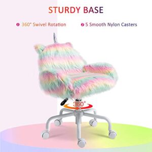 HOMCOM Fluffy Unicorn Office Chair with Mid-Back and Armrest Support, 5 Star Swivel Wheel White Base, Rainbow