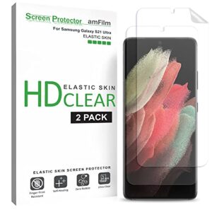 (2 pack) amfilm elastic skin screen protector for samsung galaxy s21 ultra 5g 6.8 inch, fingerprint id compatible, with easy installation alignment tool and video, hd clear, tpu film full coverage