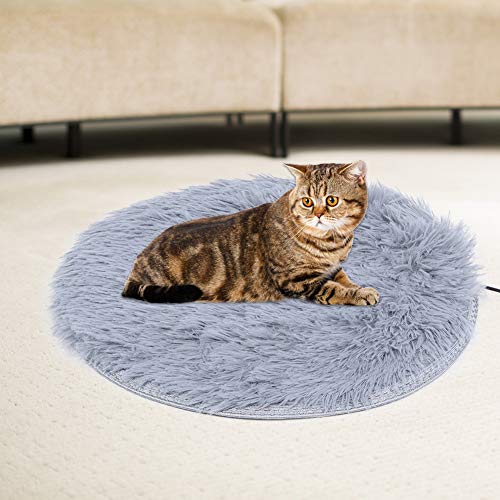 VINGVO Pet Heating Pad, Cat Plush Mat Dog Cat Electric Heated Blanket Mat, 40cm Round Heated Mat Plush Electric Cat Bed Warmer with USB Charging Interface for Small Dogs, Silver Gray