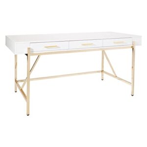 osp home furnishings broadway modern executive desk with 3 drawers and charging station, white gloss finish and gold frame