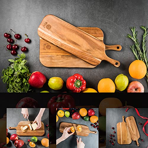 Wood Cutting Board Set with Handle for Kitchen Large and Small Long 2 Packs Acacia Wooden Kitchen Cutting Boards for Meat, Cheese, Bread,Vegetables Fruits- Charcuterie Board Serving Board