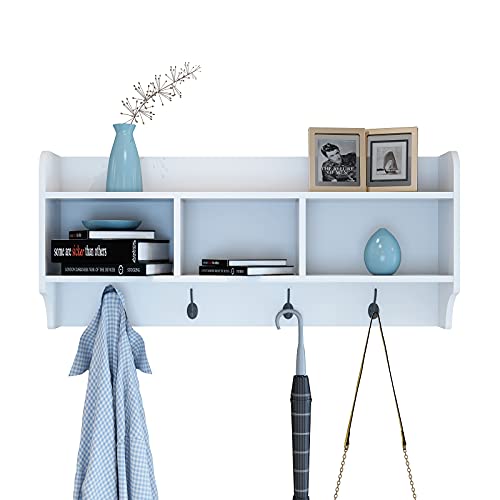 Comfortable Home Wall Mounted Shelf with Hooks, Hanging Entryway Organizer Shelf with 3 Cubic Storage Cabinets, Wall Mount Coat Rack with 4 Dual Hooks, Hanging Coffee Bar Shelf (White)