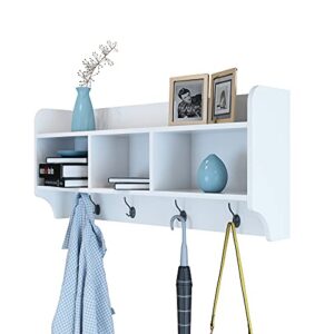 Comfortable Home Wall Mounted Shelf with Hooks, Hanging Entryway Organizer Shelf with 3 Cubic Storage Cabinets, Wall Mount Coat Rack with 4 Dual Hooks, Hanging Coffee Bar Shelf (White)