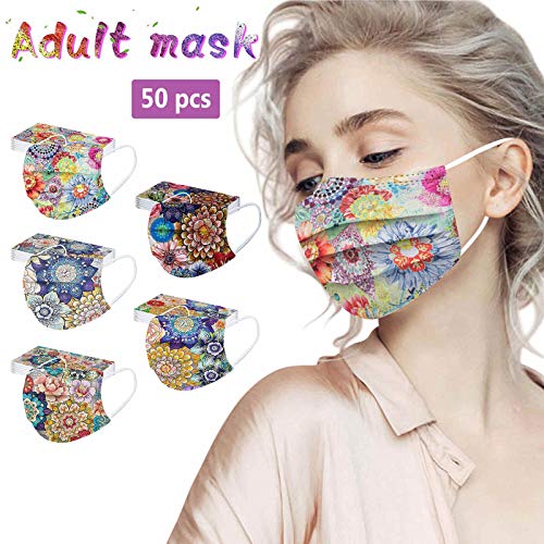 50 Pack Floral Disposable Face_Masks with Design for Women, 3 Ply Protective Flower FaceMasks with Nose Wire for Adults, 3D Breathable Anti-fog for Adults Outdoor Daily (MANDALA)